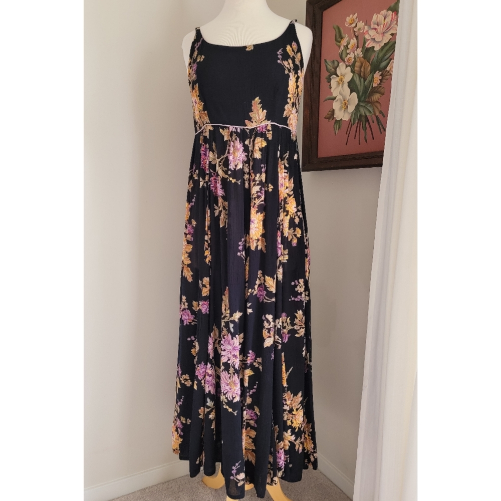 90s Black Floral Scoop Neck 1990s Vintage Flowy Feminine Rayon Gauze Maxi Dress - Picture 10 of 16